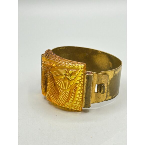 Vtg French Prystal Bakelite Carved Fish Bracelet Hinged Wide Brass Band Art Deco - Picture 3 of 13